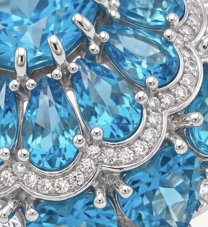 Blue Cascade Natural 14.8 carat Swiss Blue Topaz .925 Sterling Silver dipped in rhodium handmade Large Statement Ring size 6 1/4 - Close-up of Blue Cascade Swiss Blue Topaz and diamond accents