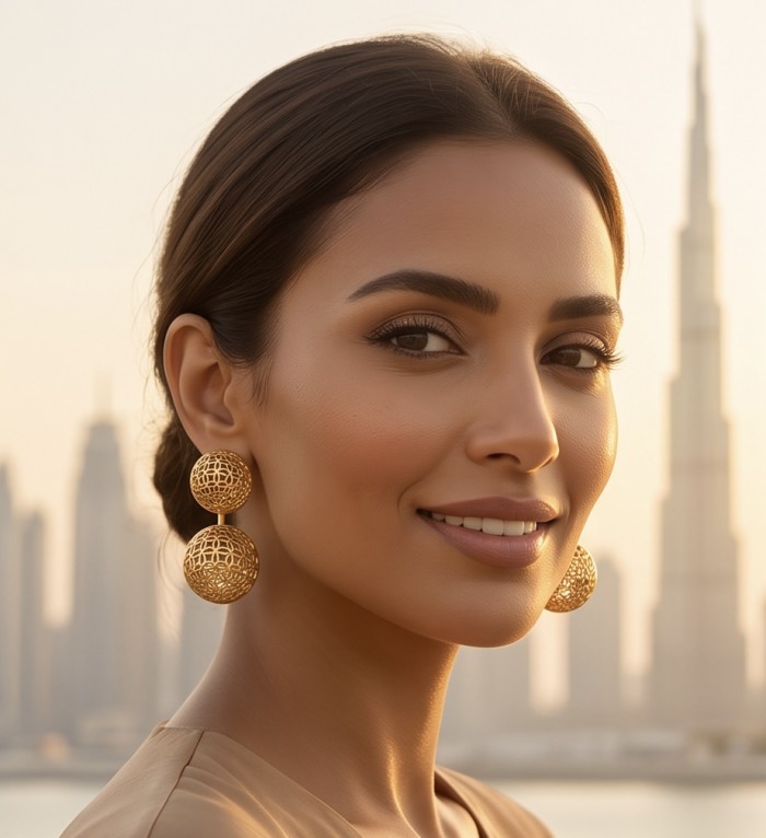 Black Label Collection - golden spheres - Dubai Style - Natural 22K Gold over .925 Sterling Silver handmade earrings - Side profile showcasing golden sphere earrings, Dubai skyline background.