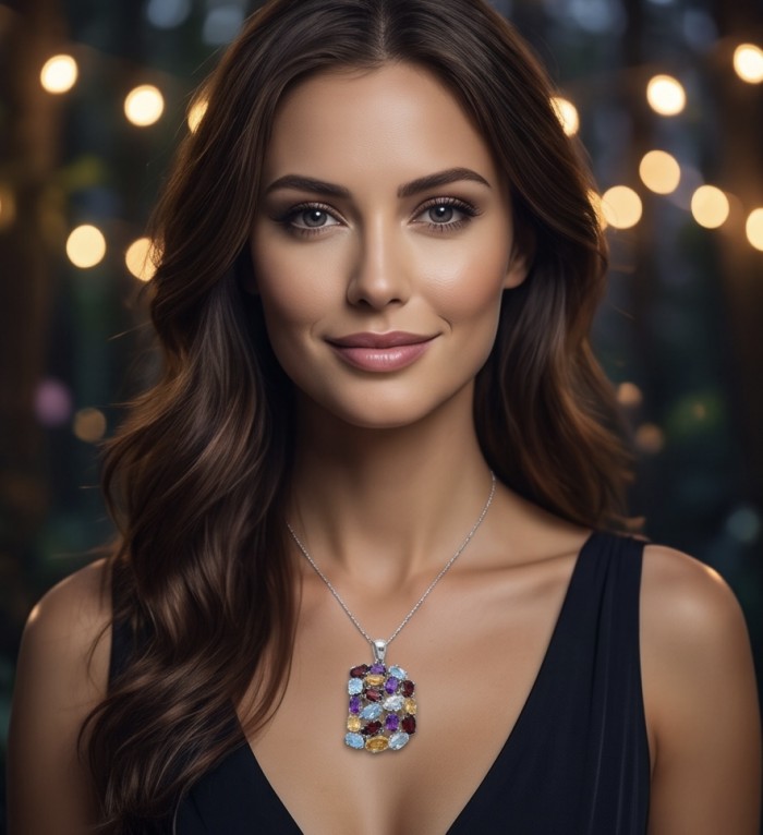 Beauty of Nature natural 22.5 CARAT Multigem .925 Sterling Silver handcrafted pendant - Woman wearing Beauty of Nature 22.5 CARAT multigem necklace with elegant lighting.