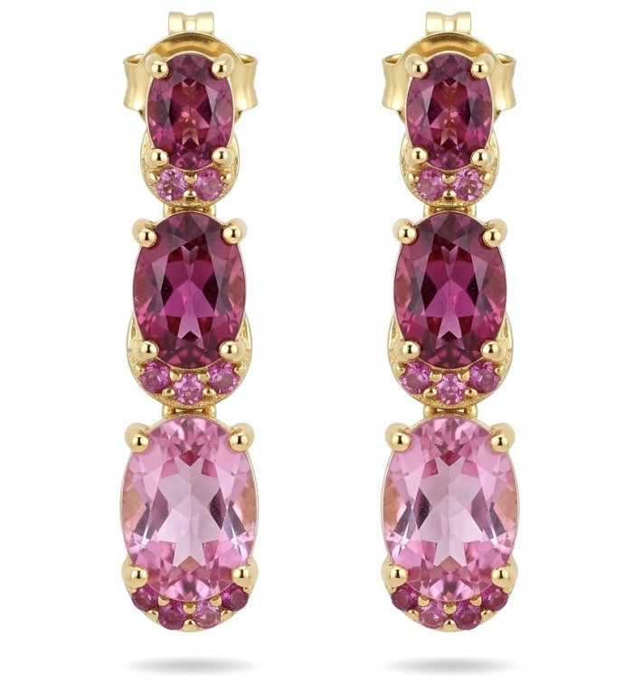 Isabella - natural 7/8 inch long Mozambique Ruby 18K Gold over .925 Sterling Silver handmade Statement earrings - Front view of gold earrings with Mozambique rubies and pink gemstones.