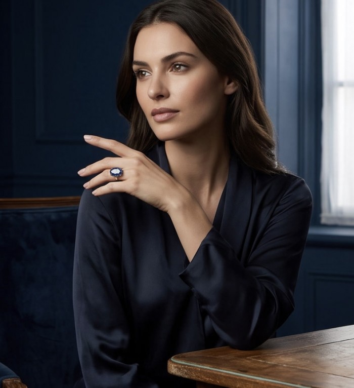 Julietta 18.5 carat faceted Sapphire .925 Sterling Silver dippedin 14K Gold handmade Statement ring size 7 - Woman wearing Julietta sapphire ring, side profile view