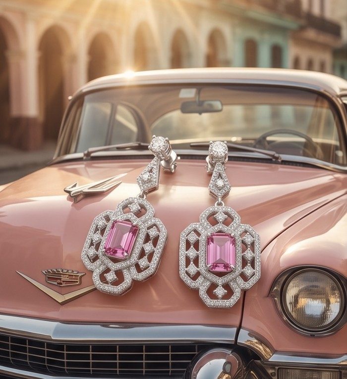 Incredible 4.5 carat Pink Topaz rhodium over .925 Sterling Silver entirely handmade earrings - Pink Topaz earrings on vintage car hood, front view, sunlight background