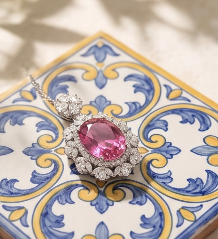 Tiffany Incredible oval cut 20.4 carat Pink Sapphire .925 Sterling Silver handcrafted pendant - Close-up of Tiffany pink sapphire pendant on decorative tile background.