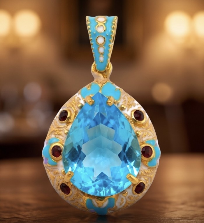 Atlantica - amazing quality PEAR cut 34.5 CARAT genuine Swiss Blue Topaz Enamel 22K Gold over .925 Sterling Silver handmade pendant - Close-up of Atlantica pendant with 34.5-carat pear-cut blue gemstone