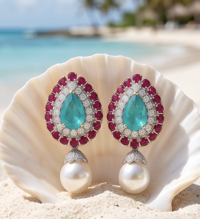 Classic Vintage Beauty - 10.5 carat Colombian Emerald 4.2 Ruby .925 Sterling Silver dipped in Rhodium handcrafted earrings - Earrings with emeralds, rubies, pearls on a shell by the beach.