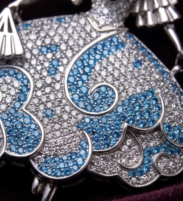 Ballerina - Precious pave 4.2 carat Colombian Sapphire rhodium over .925 Sterling Silver handmade Pendant - Brooch - Stone close-up of sapphire pave ballerina jewelry design
