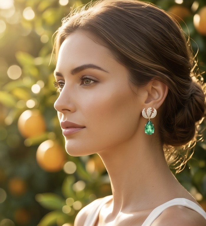 Green Cascade - 8.5 carat Green Topaz 14K Gold over .925 Sterling Silver handmade Statement earrings - Side view of model wearing Green Cascade earrings in sunlight garden.