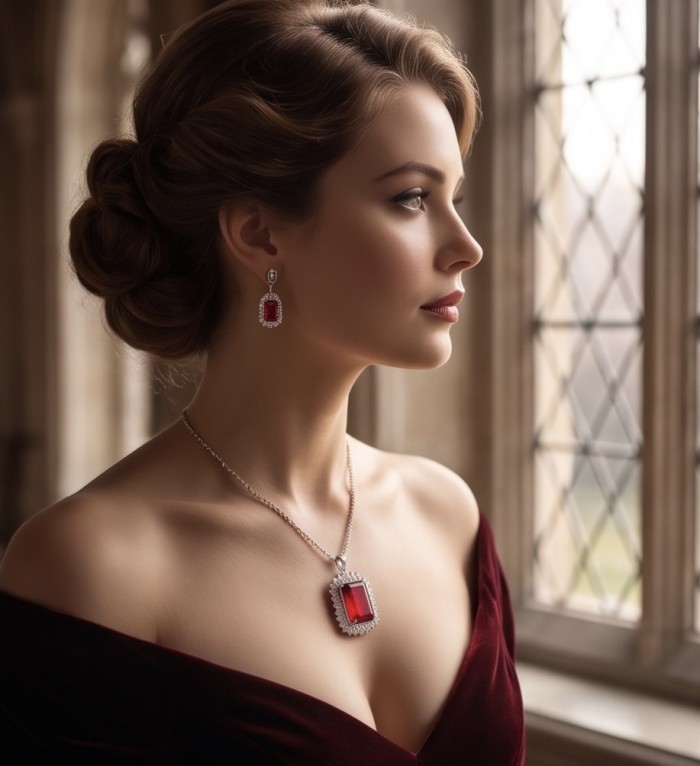 Rare finding! Deluxe 51.2 carat authentic emerald cut Kashmir Ruby rhodium over .925 Sterling Silver handmade Statement Pendant - Side view of woman wearing emerald cut Kas jewelry set, 51.2 carats.