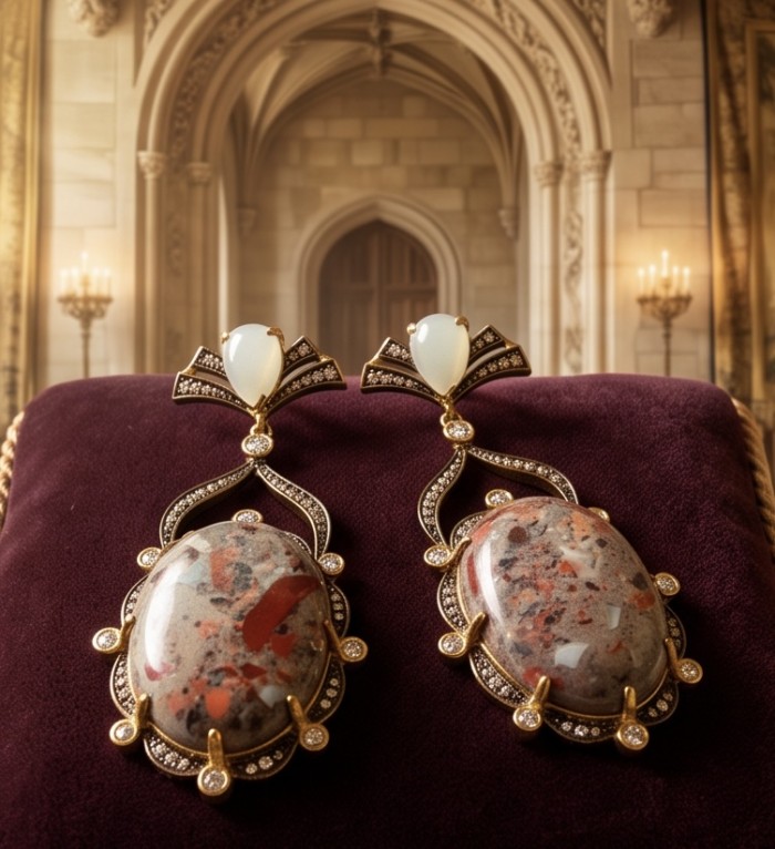 Morrisonite Jasper - "King of Jaspers" FROM OREGON .925 Sterling Silver dipped in 14K Gold handcrafted Statement Earrings - Elegant Morrisonite Jasper earrings on display in a grand setting.