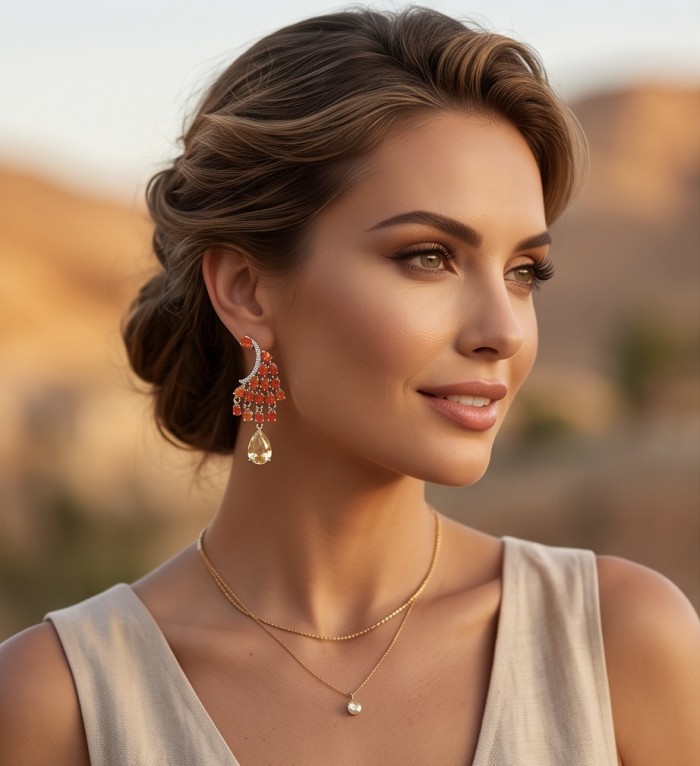 Valentina 3.9 carat Natural Fire Opal 4.9 carat Citrine rhodium over .925 Sterling Silver handcrafted earrings - Side view of Valentina opal and citrine earrings worn by model.