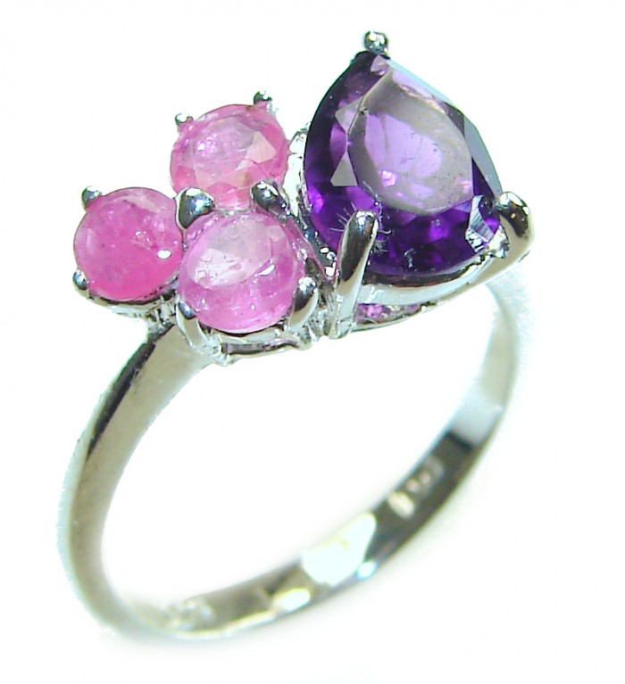 4.2 carat Amethyst .925 Sterling Silver Handcrafted Ring size 5 - Side view of amethyst and pink stones on sterling silver ring.