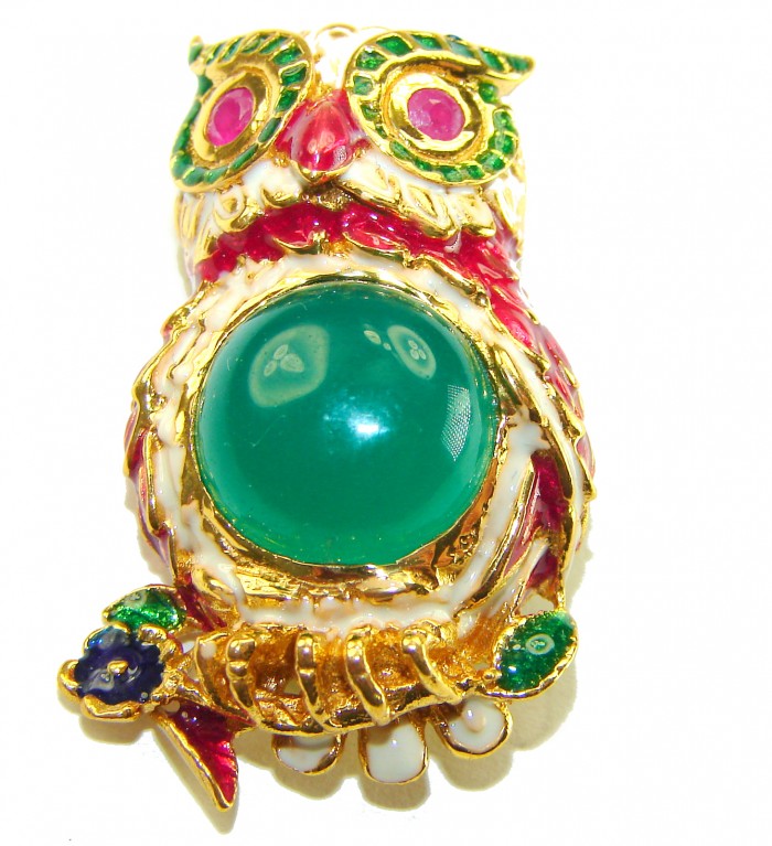 Wisdom and Unseen World - Owl- Genuine 10.5 carat Jade enamel .925 Sterling Silver dipped in 18k Gold handmade Pendant - Brooch - Owl jewelry with jade stone, front view, colorful enamel detailing.