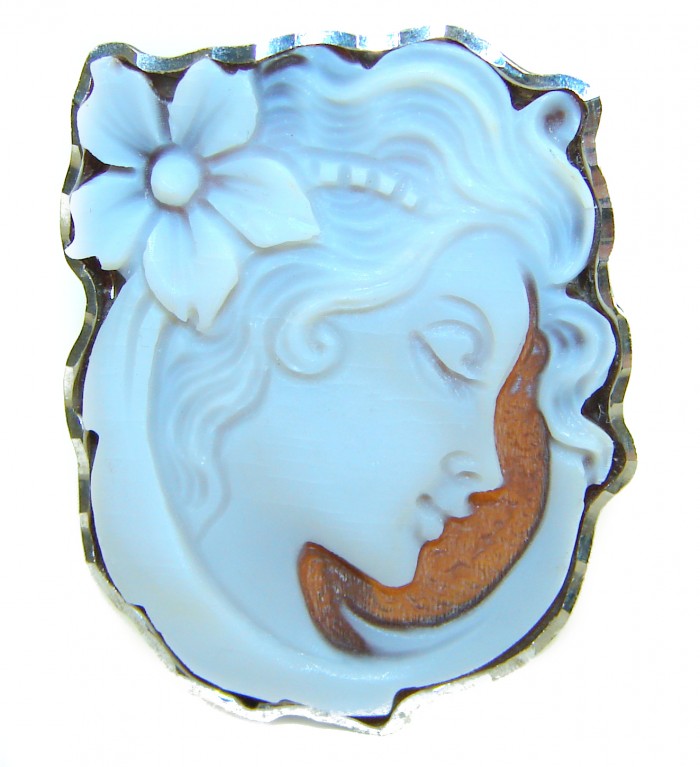 Italy made Exquisite real Cameo from Sea Shell 18K Gold over .925 Sterling Silver handcrafted Statement ring; s. 7 ADJUSTABLE - Cameo brooch close-up, side profile, flower detail, 18K gold border.