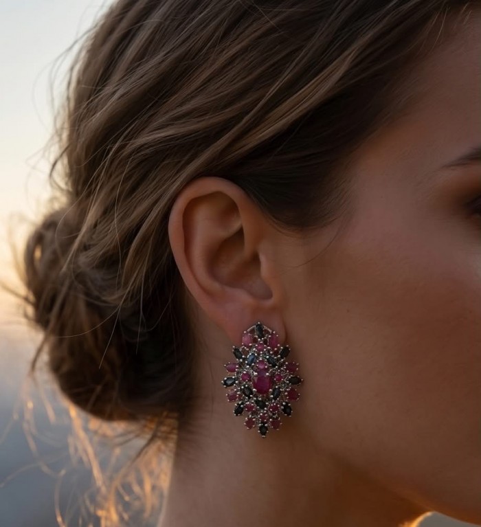 Bella Rosa Genuine 22.8 carat Ruby .925 Sterling Silver dipped in rhodium Statement brilliantly handcrafted earrings - Side view of Bella Rosa Ruby earrings worn, hair in an elegant updo.