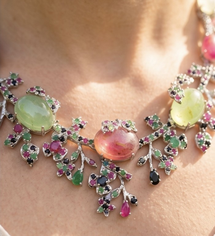Giovanna 188.2 carat Mozambique Ruby Golden Sapphire .925 Sterling Silver dipped in rhodium Statement Necklace - Necklace close-up with colorful gemstones worn on neck.