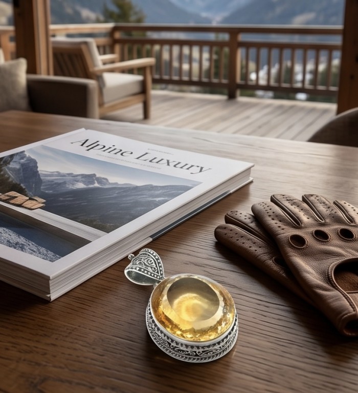 Golden Planet Oval cut 55.3 carat Lemon Quartz .925 Sterling Silver handcrafted LARGE pendant - Lemon Quartz pendant on table with gloves and Alpine Luxury book.