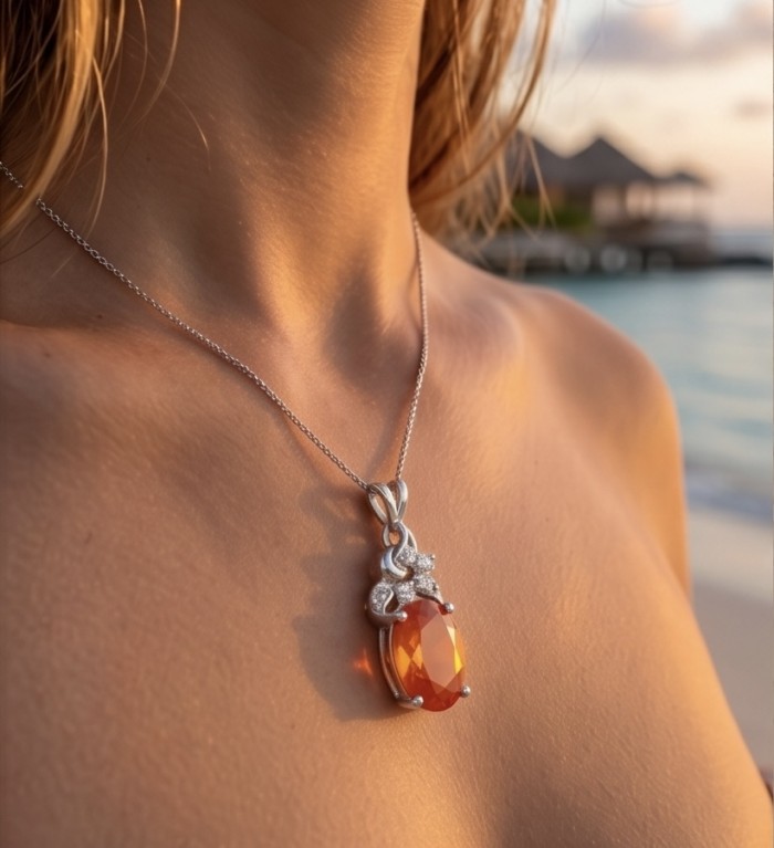 Vibrant 8.4 carat Spessartine Garnet rhodium over .925 Sterling Silver handcrafted pendant - Necklace with 8.4 carat Spessartine Garnet worn on neck in sunset lighting