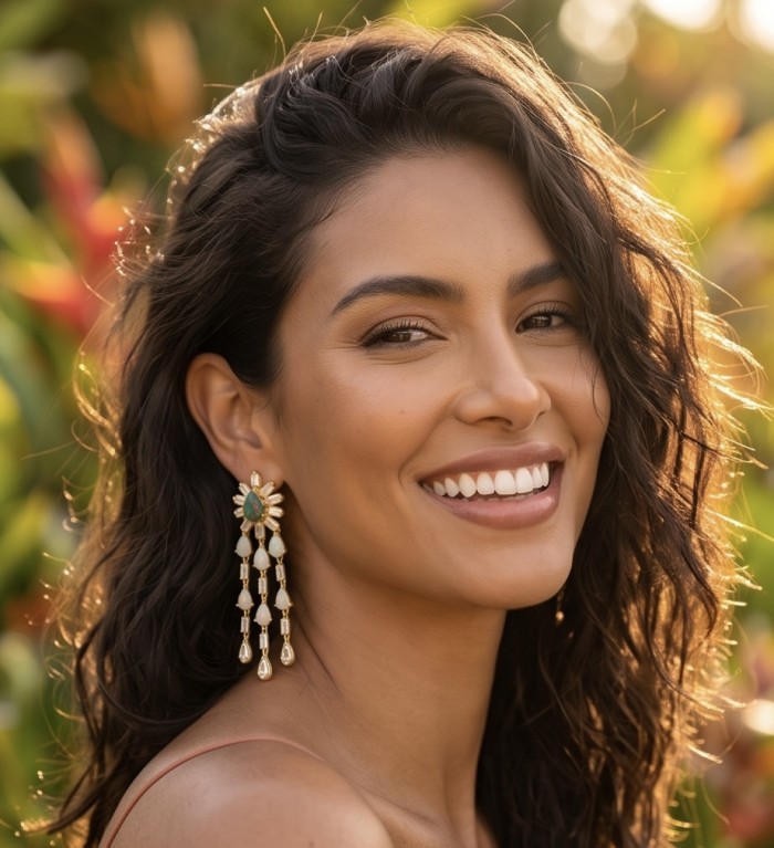Giovanna 8.2 carat Australian Black Opal Australia Opal 22K Gold over .925 Sterling Silver incredible handcrafted Earrings - Woman wearing Giovanna opal earrings, side view, sunny background.