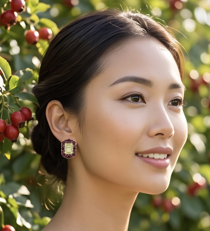 Victoria Authentic 10.5 carat Brazilian Citrine .925 Sterling Silver brilliantly dipped in rhodium handcrafted Statement earrings - Woman wearing Victoria Authentic Citrine earrings, side profile view