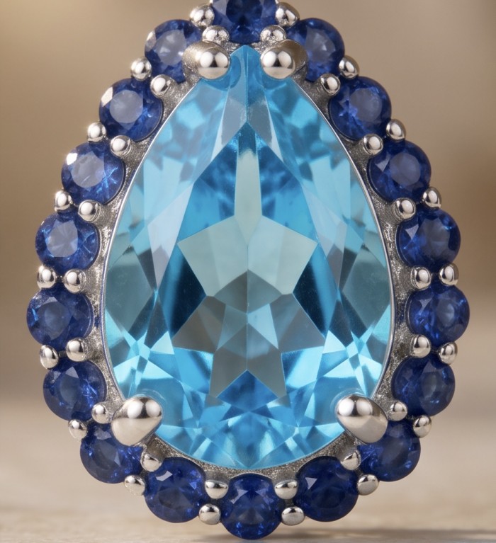 Atlantica 10.7 carat Swiss Blue Topaz .925 Sterling Silver dipped in Rhodium Handcrafted Statement earrings - Close-up of Swiss Blue Topaz and blue stones in sterling silver setting.