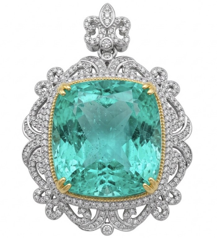 Brazilian's Briliance - emerald cut 33.7 carat Paraiba Tourmaline .925 Sterling Silver handcrafted necklace - 33.7 ct Paraiba Tourmaline pendant, front view, intricate diamond setting