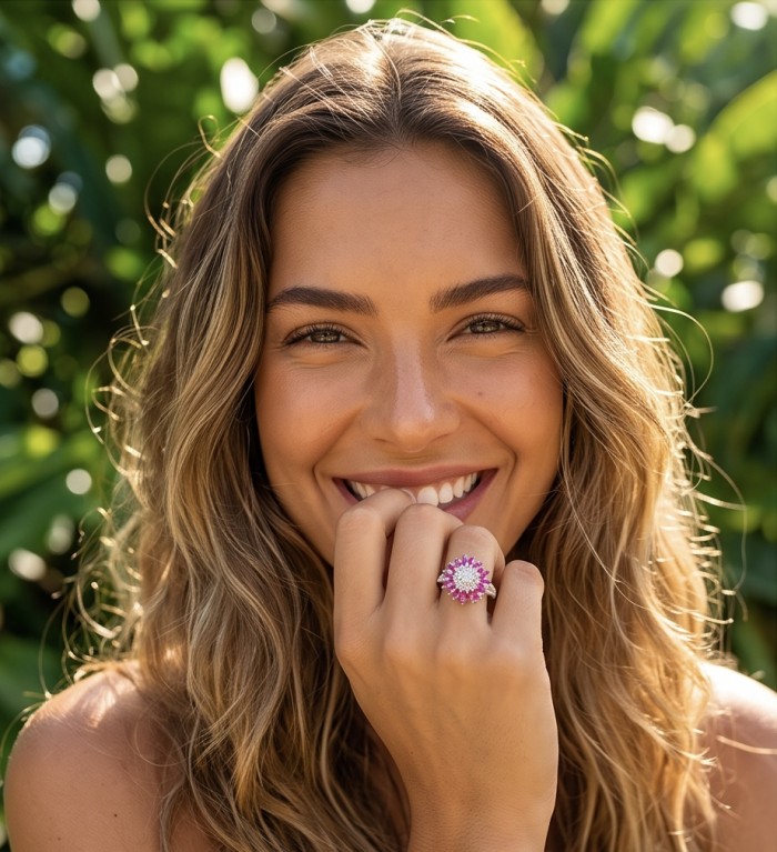 Scarlett 2.4 ctw Mozambique Ruby .925 Sterling Silver handcrafted Statement Ring size 8 - Smiling woman showcasing ruby ring worn on hand against leafy background.