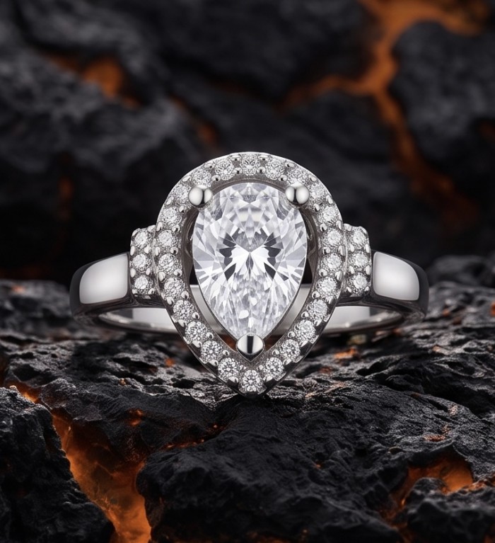 Classy Beauty pear cut 3.2 carat White Topaz rhodium over .925 Silver handcrafted Cocktail Ring s. 7 1/4 - Pear cut white topaz ring on lava rock background, front view.