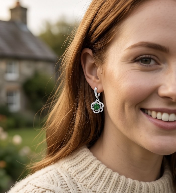 A Heritage in Bloom - Italy made 3.5 carat Chrome Diopside .925 Sterling Silver handcrafted earrings - Close-up of a woman wearing A Heritage in Bloom earrings with green stone