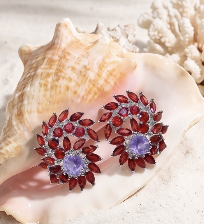 Clementine - Precious 27.4 carat Multigem .925 Sterling Silver dipped in rhodium handcrafted Statement Earrings - Earrings front view on shell, 27.4 ct multigem, sterling silver.
