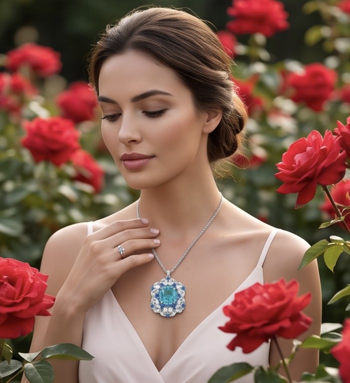 Vintage style 8.5 carat Swiss Blue Topaz Rhodium over .925 Sterling Silver handcrafted necklace - Woman wearing vintage 8.5 carat Swiss Blue Topaz necklace in garden.