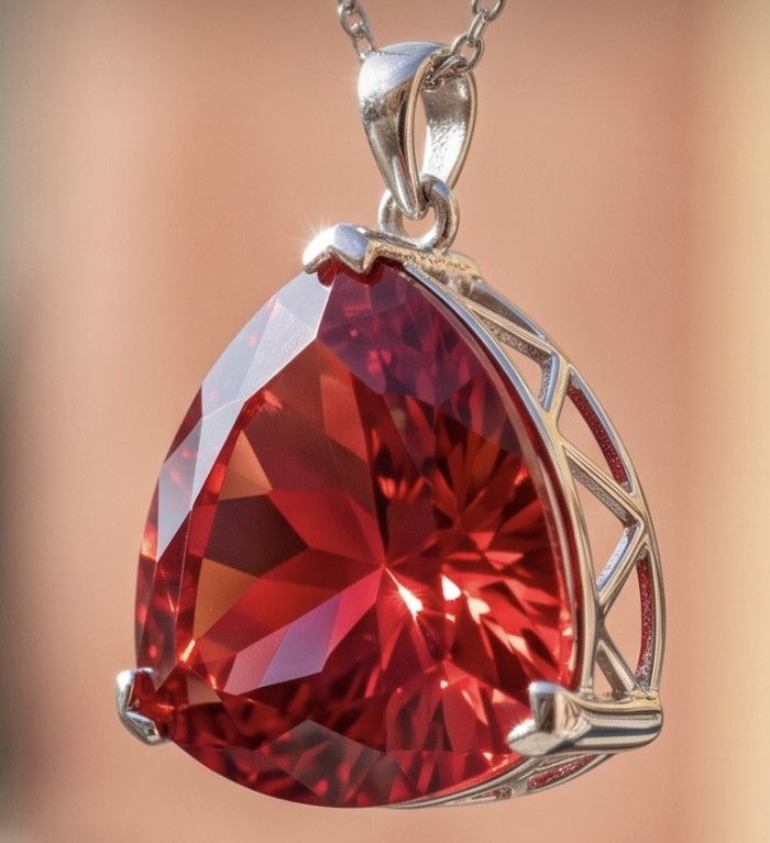 Very Rare! Trillion Cut Perfect 44.5 carat Volcanic Helenite .925 Sterling Silver handcrafted Pendant - Close-up of trillion cut 44.5 carat red gem pendant on a chain.