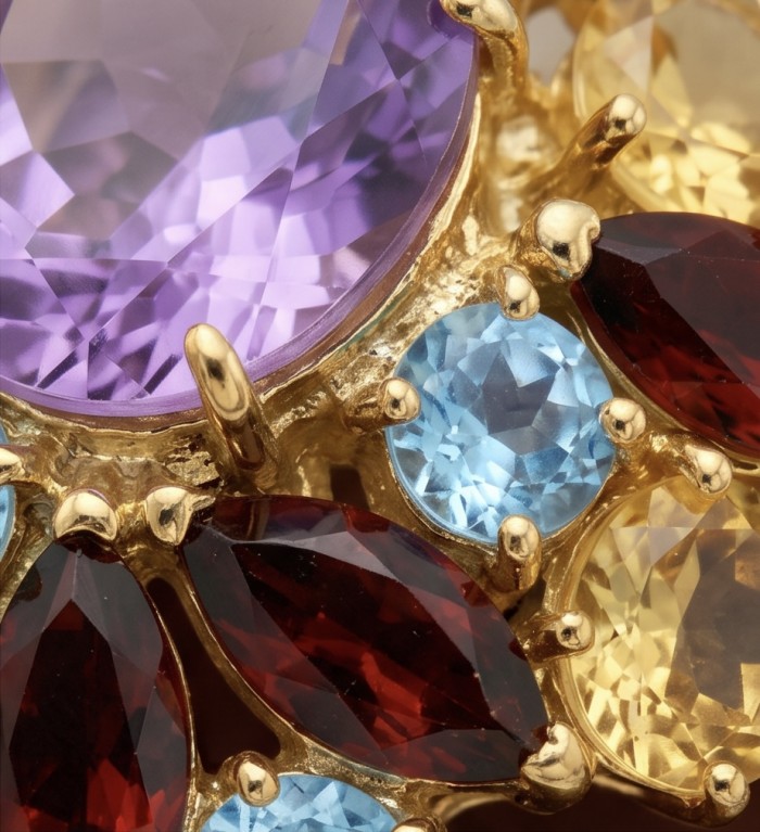 Giuseppina - Authentic 28.1 carat Amethyst 18k Gold over .925 Sterling Silver handcrafted Statement Pendant - Stone close-up of Giuseppina Amethyst 18k gold jewelry.