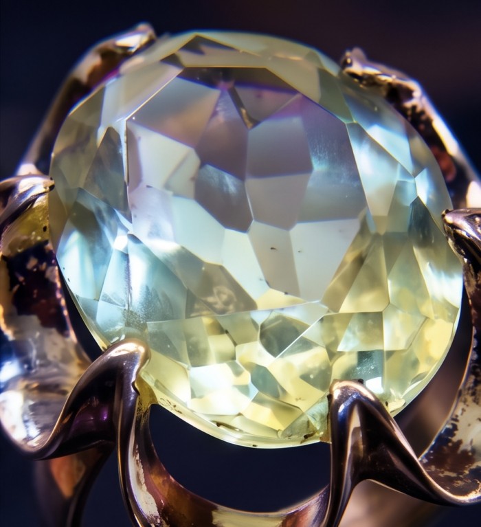 Natural 14.5 carat carved Green Amethyst rhodium over .925 Sterling Silver handcrafted ring size 5 3/4 - Close-up of 14.5 carat carved green amethyst set in rhodium over silver.
