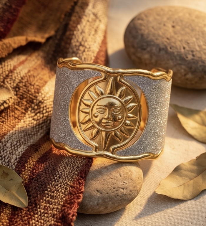 Renewal - Byzantine design 14K Gold over .925 Sterling Silver handcrafted Bracelet / Cuff - Gold sun cuff bracelet with textured design, frontal view on fabric and stone.