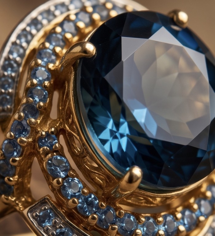 The Wheel of Time 12.8 carat authentic London Blue Topaz 18k Gold over.925 Sterling Silver handmade Statement Ring size 7 1/4 - Close-up of The Wheel of Time ring, London Blue Topaz and gold setting