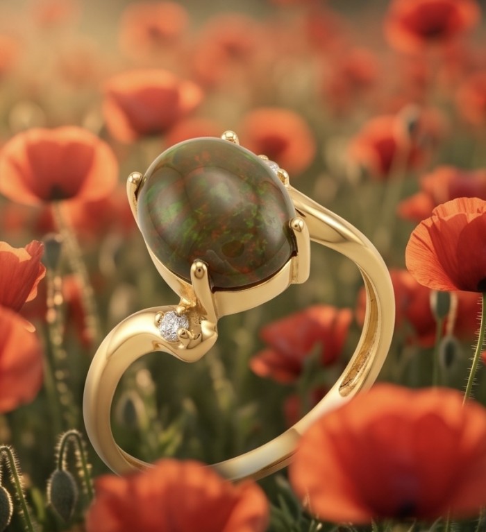 A Milky Way Genuine 4.8 carat Black Opal 18K Gold over .925 Sterling Silver handmade Ring size 8 - Gold ring with black opal stone close-up, red flowers in the background.