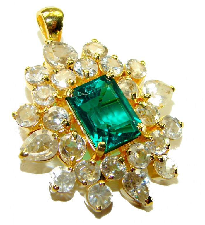 Vintage style Beauty 14.5 carat Emerald 14K Gold over .925 Sterling Silver handmade Pendant - Brooch - photo 4