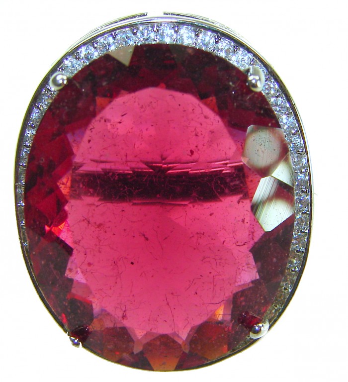 Natural 35.9 carat Red Topaz .925 Sterling Silver handmade Statement Ring size 7 - Close-up of natural 35.9 carat red topaz in .925 sterling silver setting