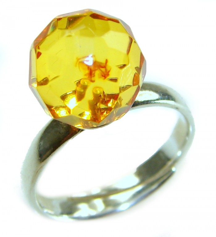 Modern Concept Golden Sphere - Natural faceted Baltic Amber 18K Gold over .925 Sterling Silver ring s. 8 - Ring with faceted Baltic amber stone, top view.