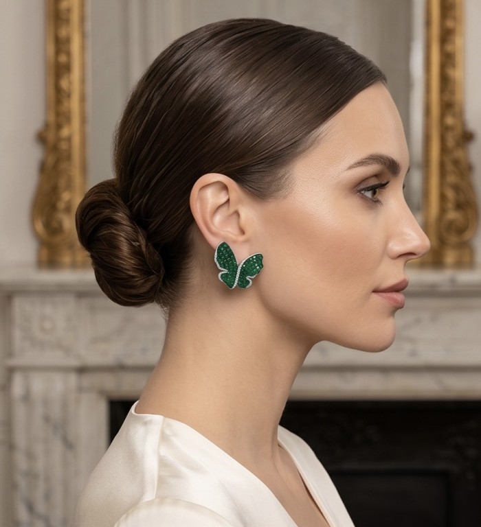 Incredible Butterflies genuine 15.5 CARAT Emerald .925 Sterling Silver handcrafted Earrings - Side view: Woman wearing Incredible Butterflies emerald earrings