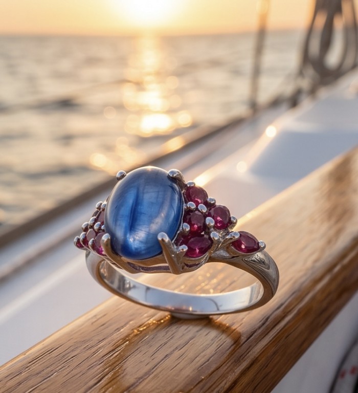 Luxurious 4.5 ctw Tanzanite .925 Sterling Silver handcrafted Statement Ring size 8 - Tanzanite ring close-up on yacht railing at sunset.