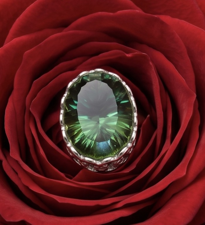 Exotic Beauty oval cut 17.5 carat Helenite .925 Sterling Silver handmade Ring s. 8 1/4 - Close-up of oval cut green Helenite ring on red rose background.