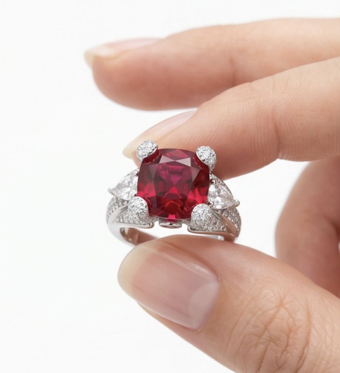 Scarlett 12.7 ctw Mozambique Ruby .925 Sterling Silver handcrafted Statement Ring size 8 - Close-up of ruby ring with diamond accents held between fingers