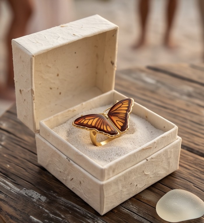 Butterfly Authentic Baltic Amber .925 Sterling Silver dipped in 18K Gold handcrafted ring; s. 7 adjustable - Butterfly amber ring in box, top view on wooden table.