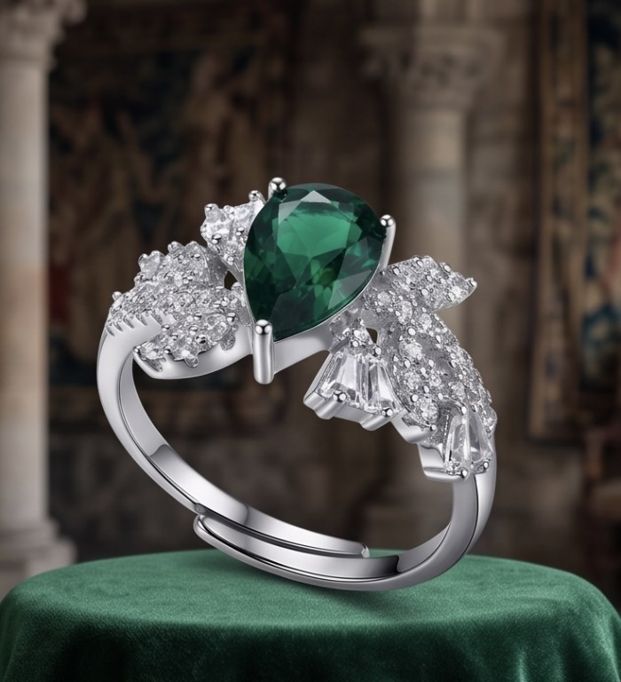 Precious 3.8 CARAT Chrome Diopside .925 Sterling Silver Statement Ring s. 8 adjustable - Emerald-cut stone in sterling silver ring with diamond accents, front view.