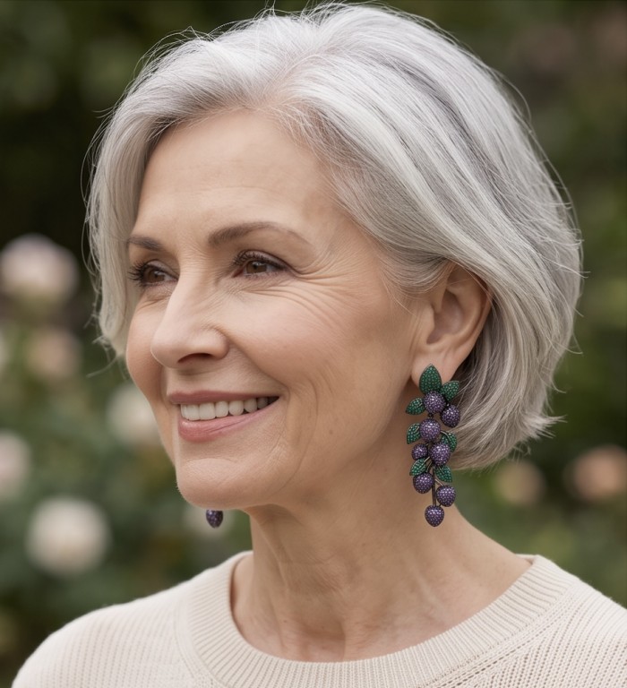 Incredible Ripe Grapes 9.5 carat Amethyst Chrome Dopiside black rhodium over .925 Sterling Silver handcrafted Statement earrings - Woman wearing grape-shaped amethyst earrings, side view.