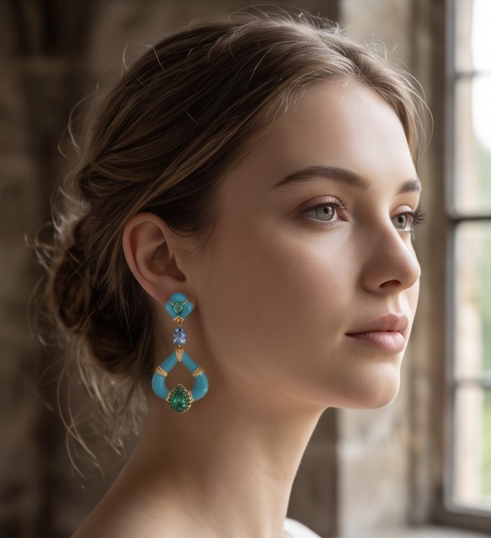Art Deco 4.8 carat Aquamarine Turquoise enamel 14K Gold over .925 Sterling Silver Handcrafted Statement earrings - Side view of Art Deco turquoise and topaz earrings worn.