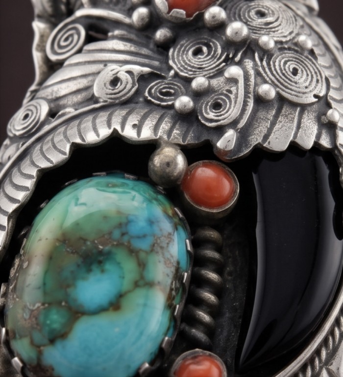 Go West - One of a kind - Morenci Turquoise fossilize Coral .925 Sterling Silver handmade pendant - Stone close-up of Go West jewelry with turquoise and coral accents.