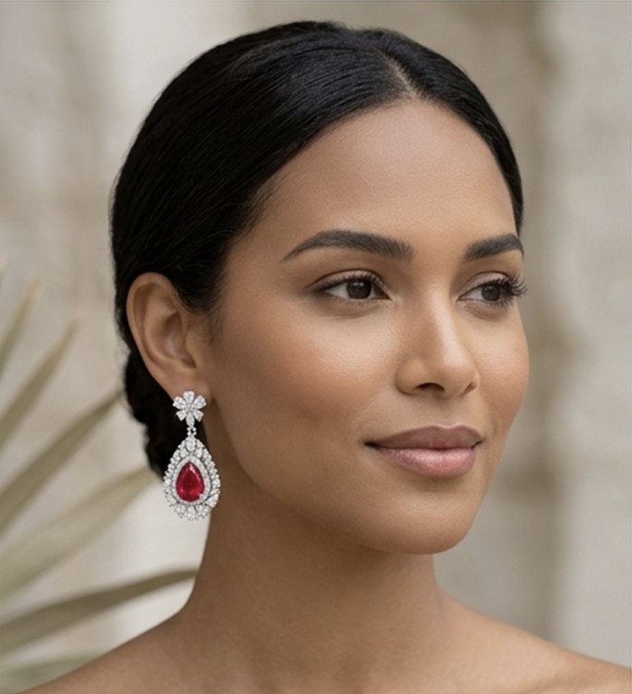 Exquisite 10.4 ctw Mozambique Ruby .925 Sterling Silver handcrafted Statement earrings - Side view of woman wearing 10.4 ctw Mozambique Ruby earrings.