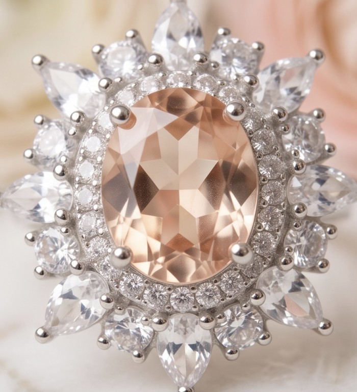 Isabella Authentic oval cut 4.8 carat Morganite .925 Sterling Silver ring s. 7 - Close-up of Isabella 4.8 carat oval Morganite ring with clear accents.